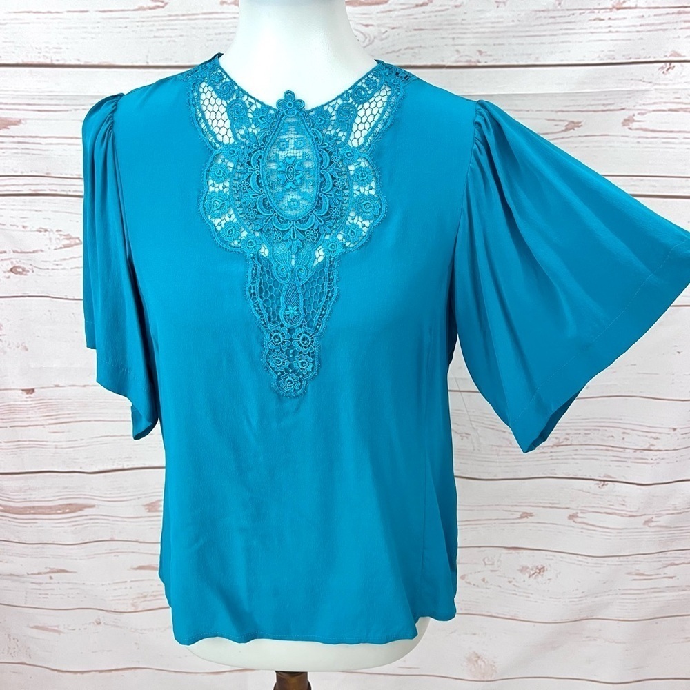 Nanette Teal Blue Delicate Baroque Art Deco Lace Flutter Sleeve Silk Blouse